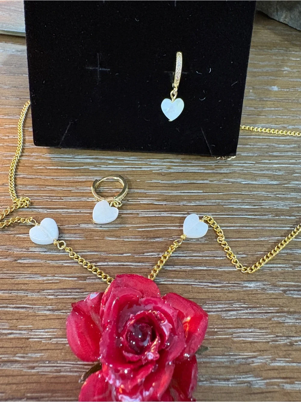 Kids Heart &  real Rose Pendant Necklace and Earrings Set - Pink White Gold